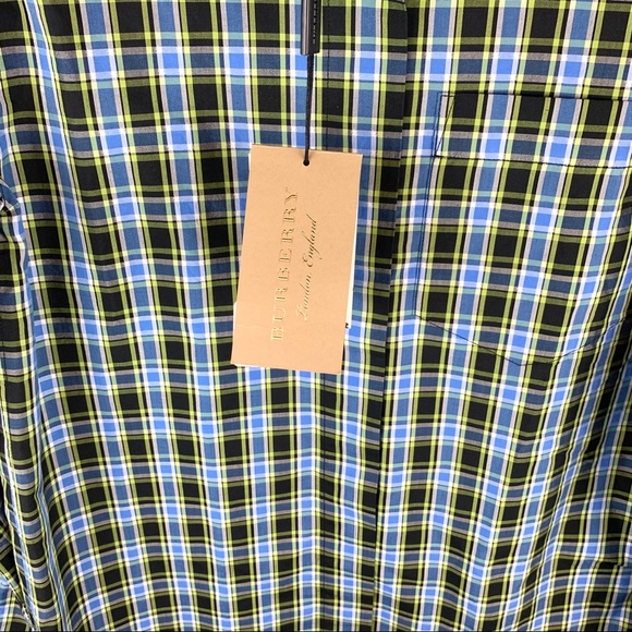 Burberry Saoirse Plaid Long Sleeve Silk Trim Button Shirt Azure Blue - Picture 9 of 16